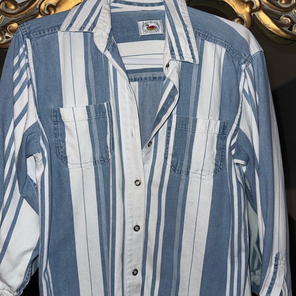 Blue and White Striped Vintage Denim Shirt